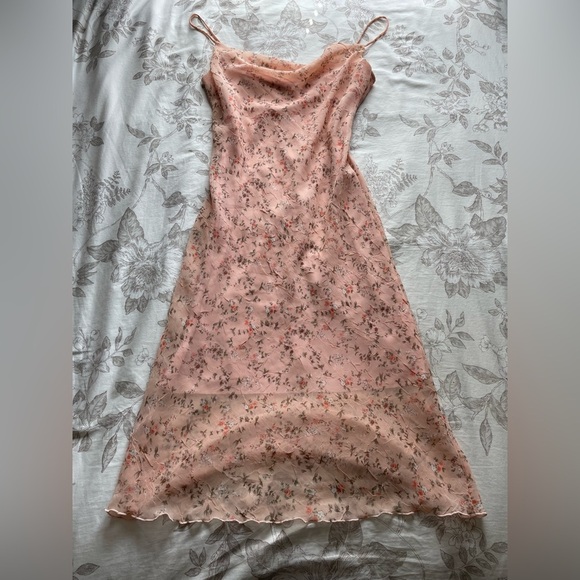 Y2K Pink Floral Cowl Neck Midi Slip Dress 6 Crinkle Fairycore Ethereal Hoco Prom - Picture 1 of 9